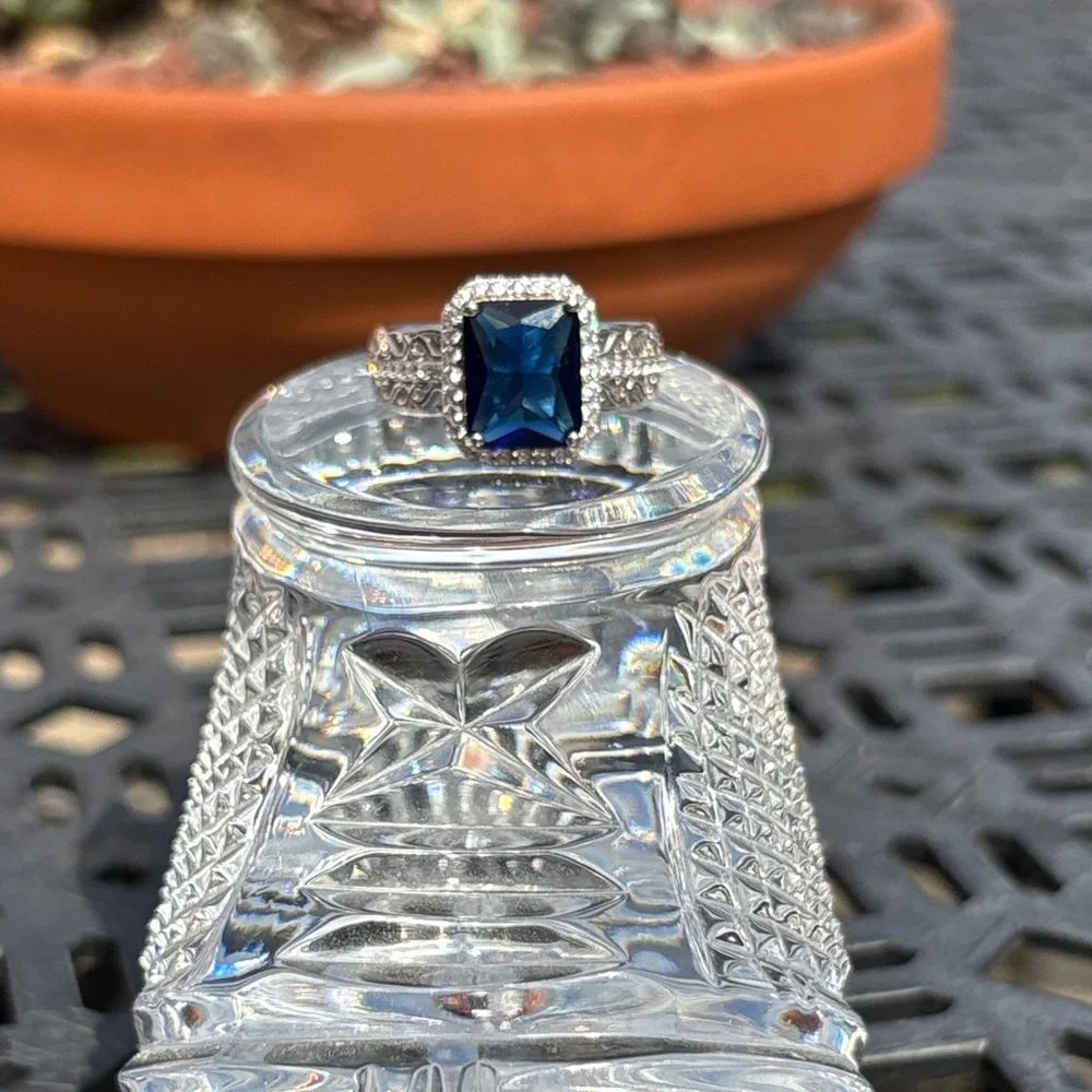Radiant Cut 3.10 ct Lab Created Sapphire Ring Blue & White Sterling Size 7